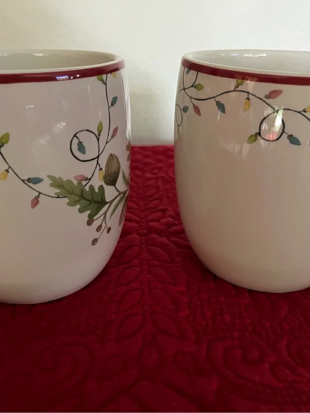 Pottery Barn White Holiday Gnome Mugs with Red Trim (Set of 2)